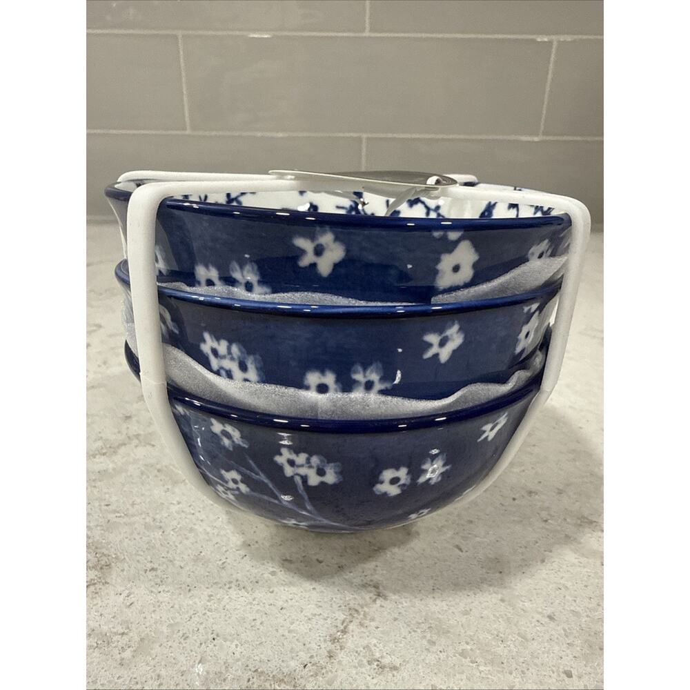 Set of 3 Blue White Floral Emika Ceramic Rice Tidbit Appetizer Dip Sauce Bowls